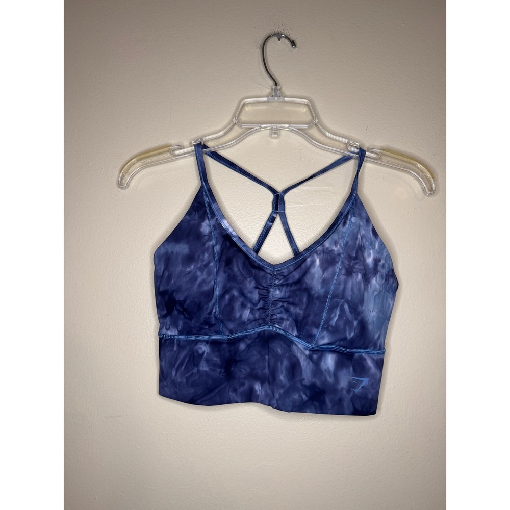 Gymshark Adapt Camo Seamless Sports Bra Blue Tie Dye Ruched Longline Small